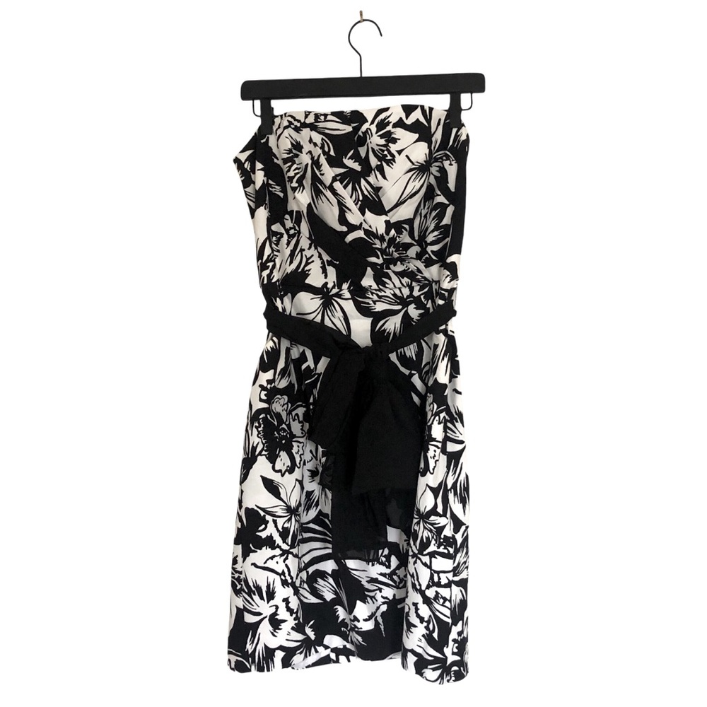 White House Black Market Floral Strapless Black And White Cotton Dress Size 12